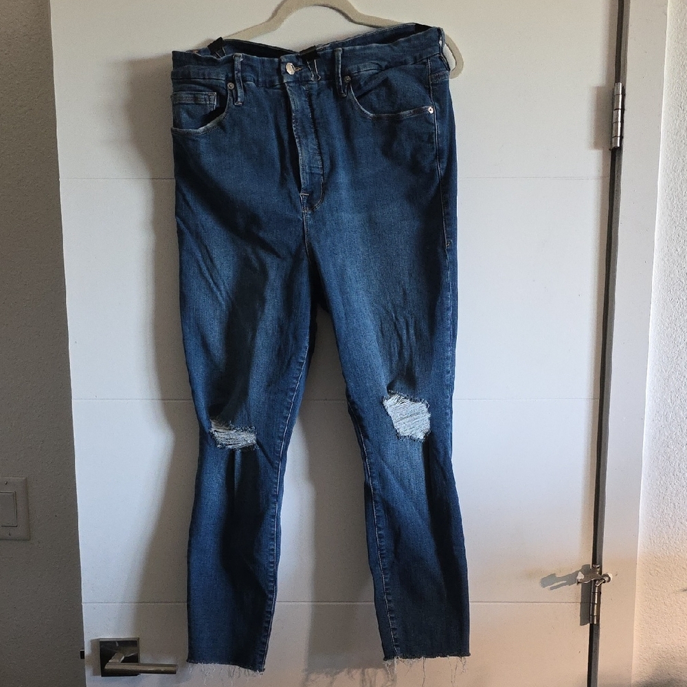 Good American Distressed Blue Straight Leg Jeans